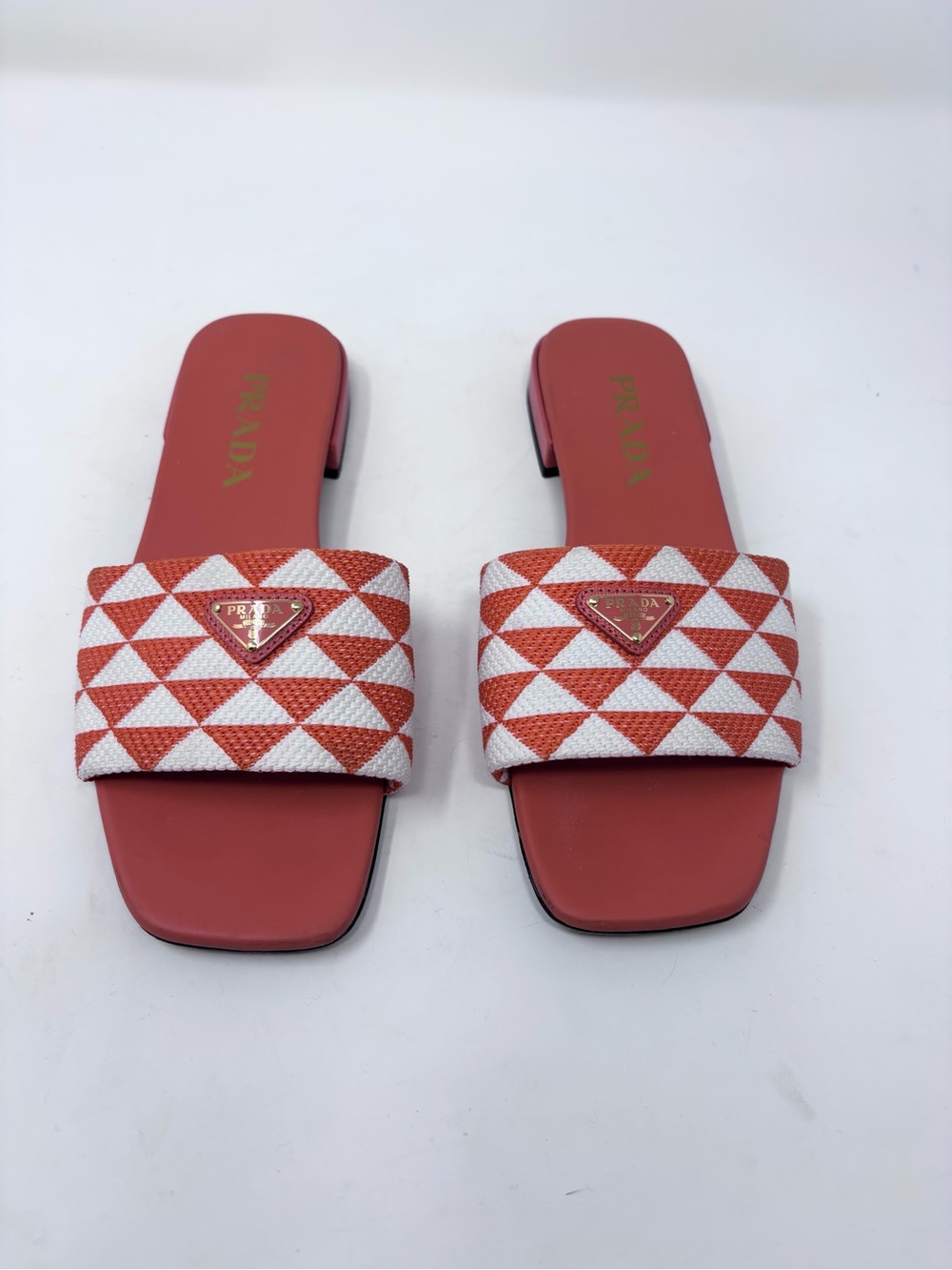 Prada Triangle Logo Slide Mule Orange Leather and Jacquard Canvas size 37 Flat - Picture 5 of 7